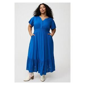 Torrid Classic Blue Y Neck Smocked Waist Challis Maxi Dress Sz.4 NWT